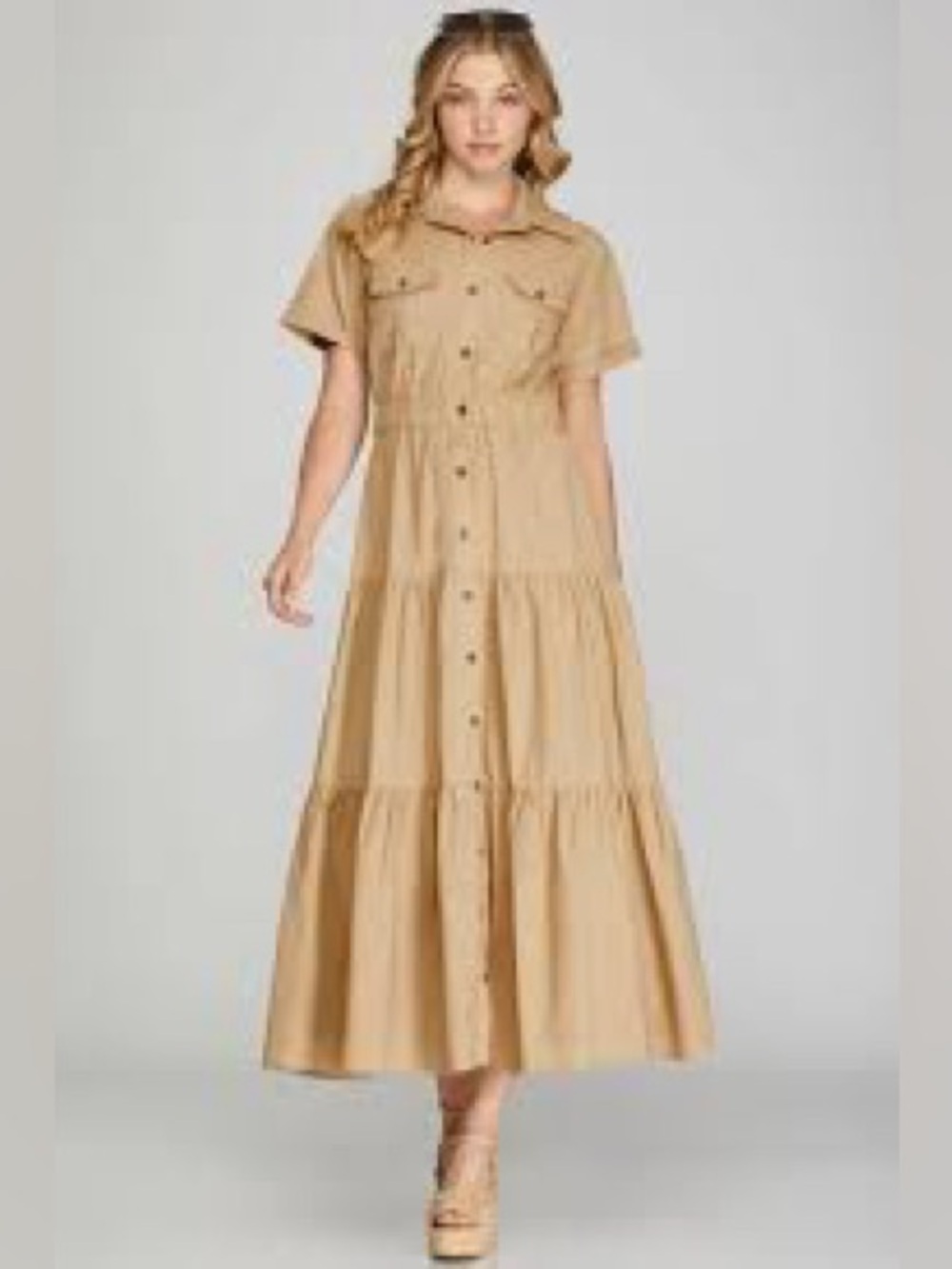 Lucky Brand Washed Tan Button-Front Tiered Maxi Dress